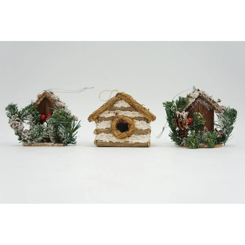 Vintage Woodland Birdhouse Ornaments Set of 3 Wood Rustic Log Cabin VGC